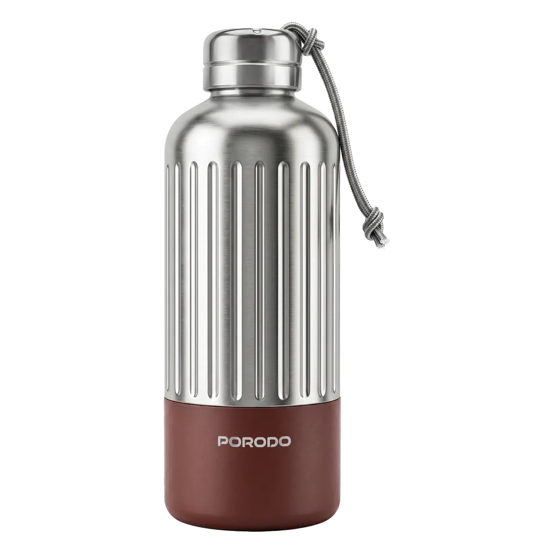 PORODO LIFESTYLE TERMA 850ML INSULATED BOTTLE WITH REINFORCED VERTICAL RIBS AND CARRYING ROPE SILVER-BROWN PDLFST202SLBR