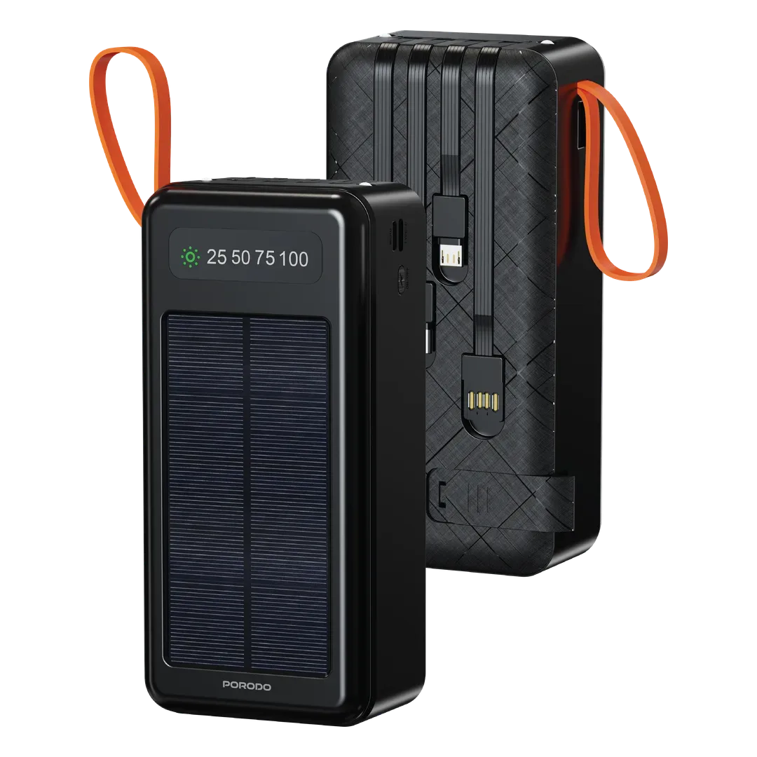 PORODO PIANO SOLAR 30000MAH POWER BANK WITH INTEGRATED CABLES BLACK-PDPBB308BK