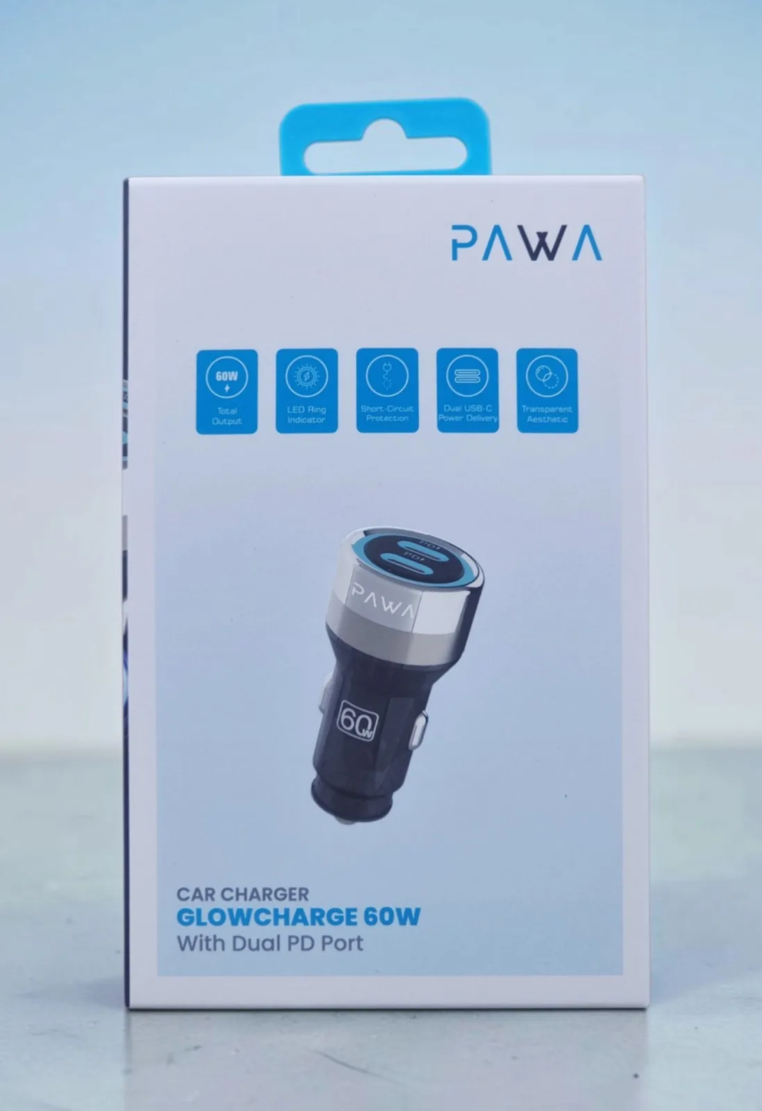 PAWA GLOW CHARGE 60W WITH DUAL PD PORT CAR CHARGER TRANSPARENT BLACK PW-CRCHPD12-TPBK