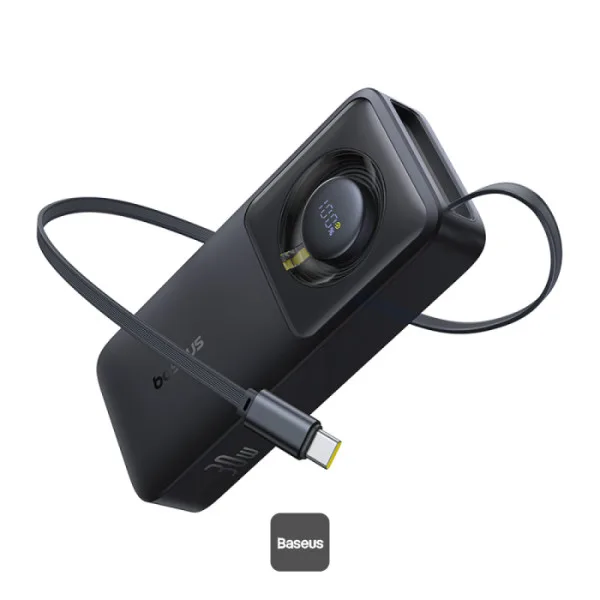 BASEUS FREE2 PULL POWER BANK WITH RETRACTABLE USB C CABLE 10000MAH 30W COSMIC BLACK P10073701123