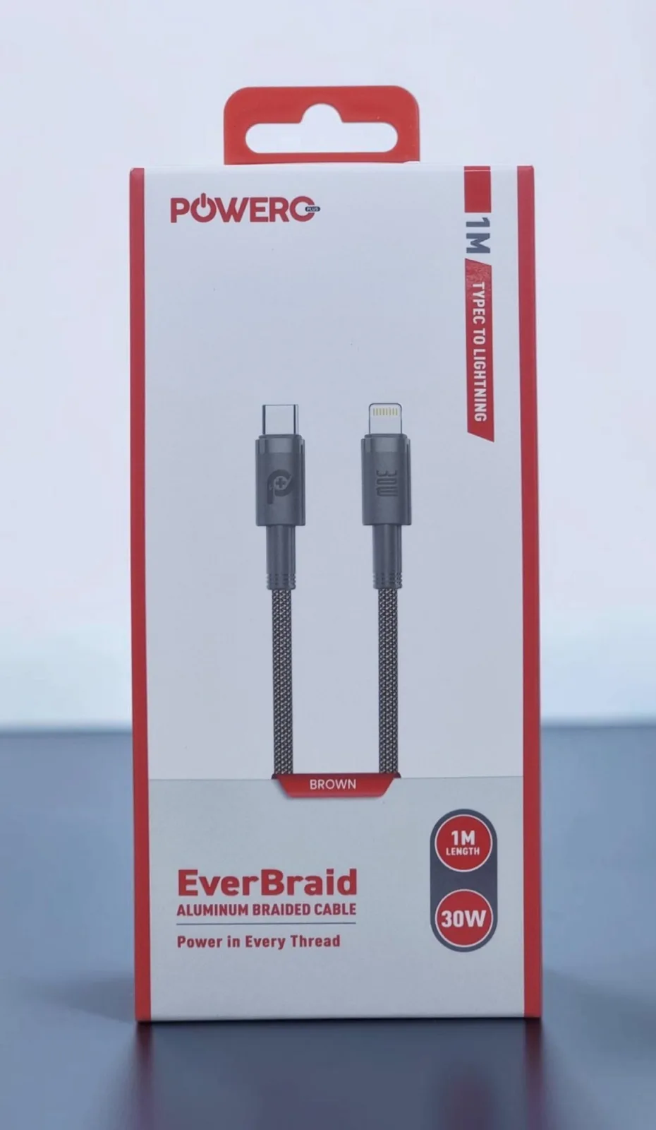 POWERO PLUS EVERBRAID ALUMINUM BRAIDED TYPE C TO LIGHTNING 30W 1M CABLE BROWN PR-CBLCL511-BR