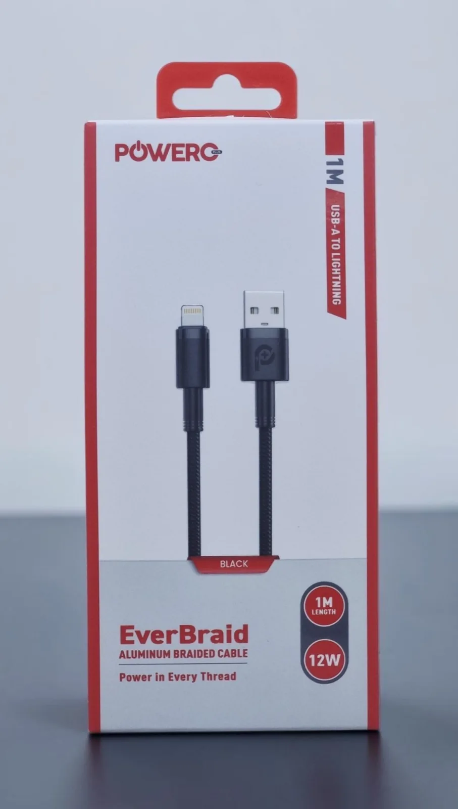 POWERO PLUS EVERBRAID ALUMINUM BRAIDED USB A TO LIGHTNING 12W 1M CABLE BLACK PR-CBLAL511-BK