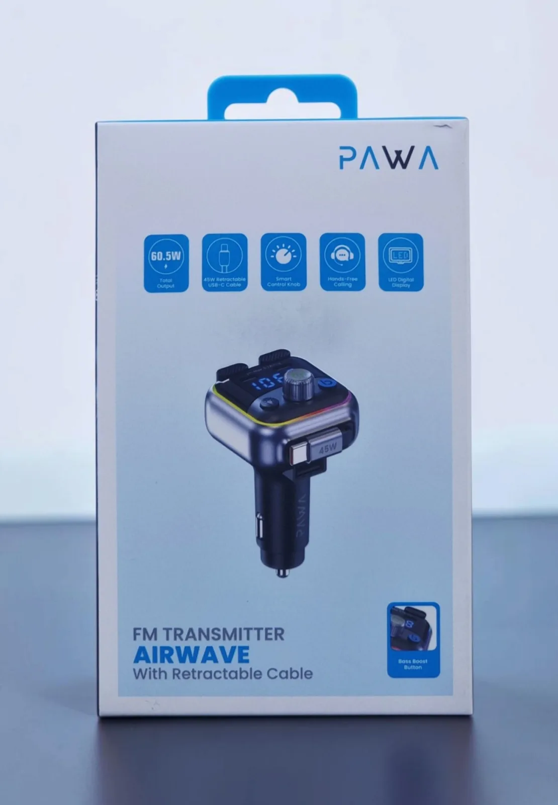 PAWA AIRWAVE FM TRANSMITTER WITH RETRACTABLE CABLE 60W GREY PW-AWFMRC60-BK