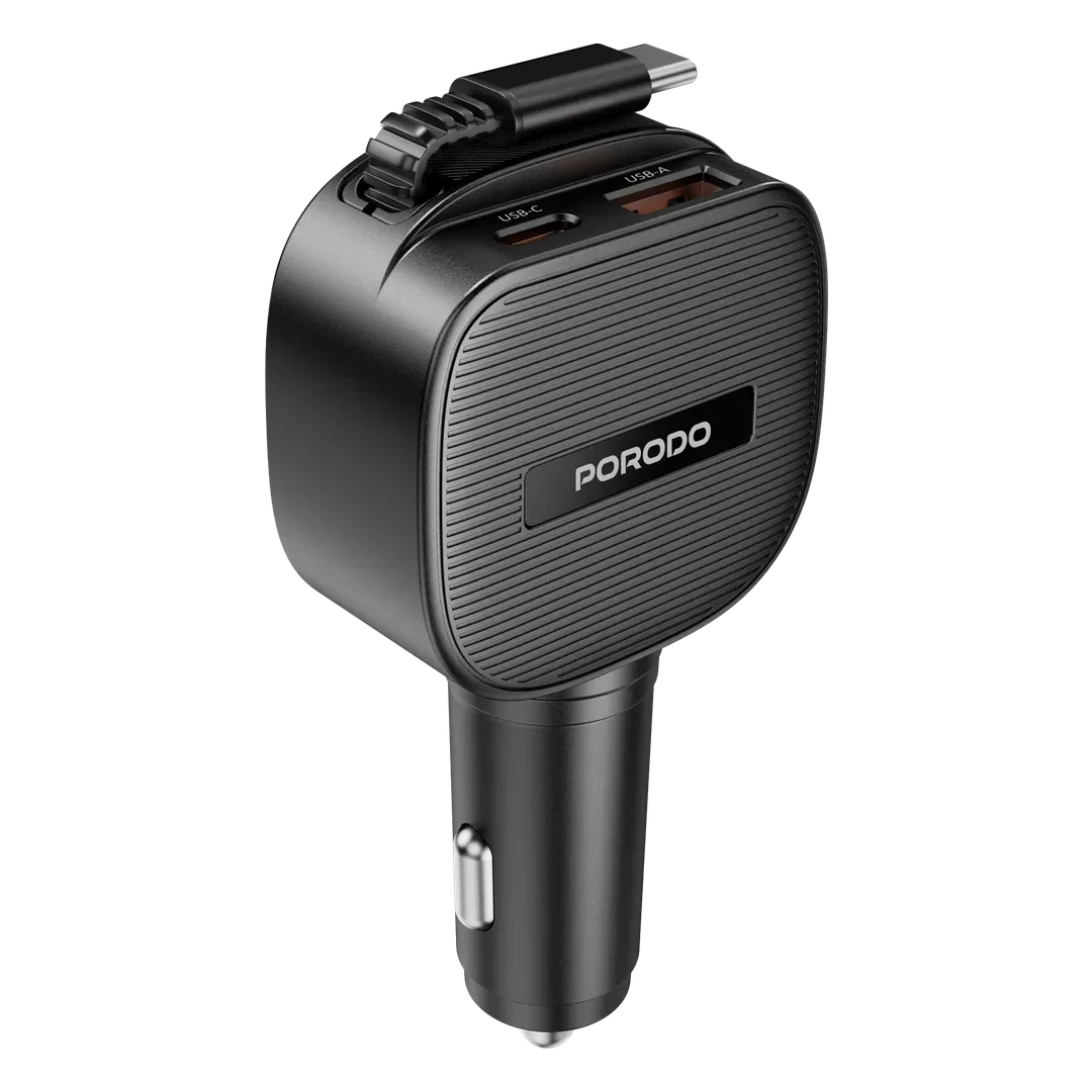 PORODO CROSS MULTI-PORT CAR CHARGER WITH INTEGRATED USB C CABLE BLACK PDF24BK