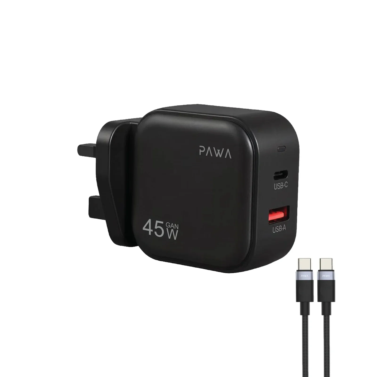 PAWA QUICK GAN 45W WITH PD+ QC PORT WITH BRAIDED USB C TO USB C CABLE BLACK PW-GNQC45CC-BK