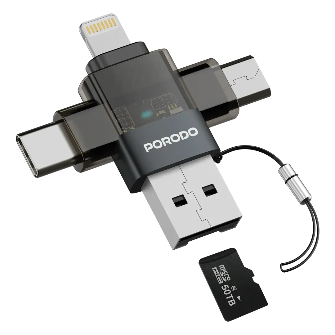 PORODO MINILINK TRANSPARENT OTG ADAPTER USB C MICRO USB LIGHTNING AND MEMORY CARD GREY PDOTG50GY