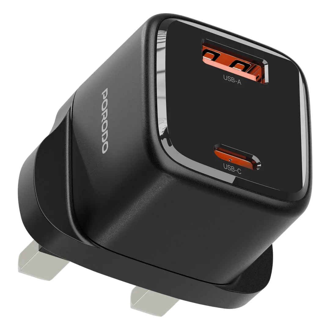PORODO VIKTOR SERIES 25W DUAL PORT WALL CHARGER UK STANDARD BLACK PD805UKBK