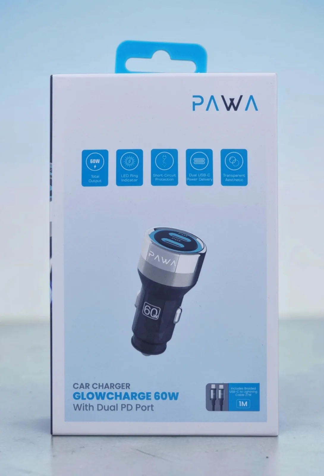 PAWA GLOW CHARGE 60W WITH DUAL PD PORT CAR CHARGER WITH BRAIDED USB C TO LTG CABLE TRANSPARENT BLACK PW-CRCHCL12-TPBK