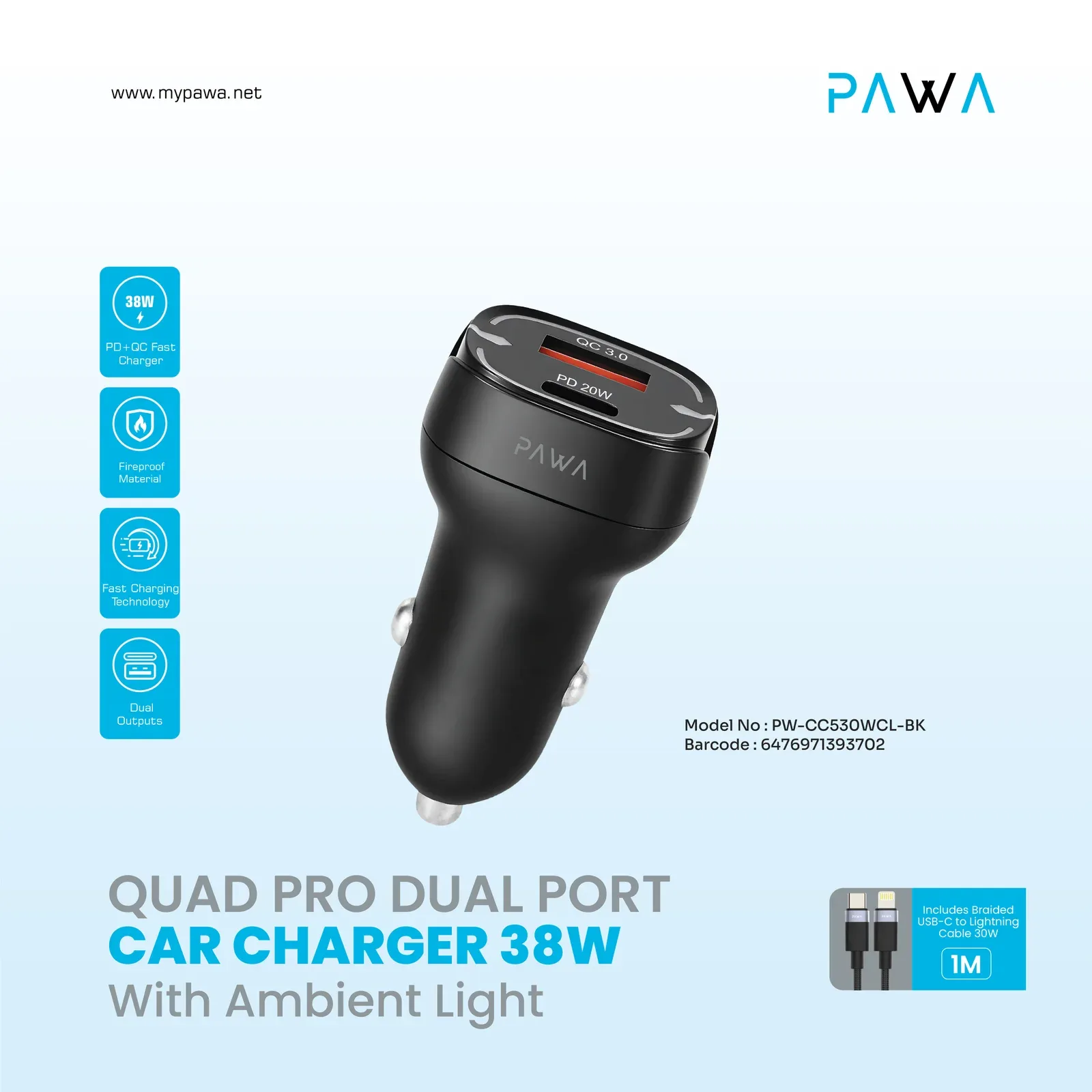 PAWA QUAD PRO DUAL PORT CAR CHARGER 38W WITH BRAIDED USB C TO LIGHTNING CABLE BLACK PW-CC530WCL-BK thumbnail 5