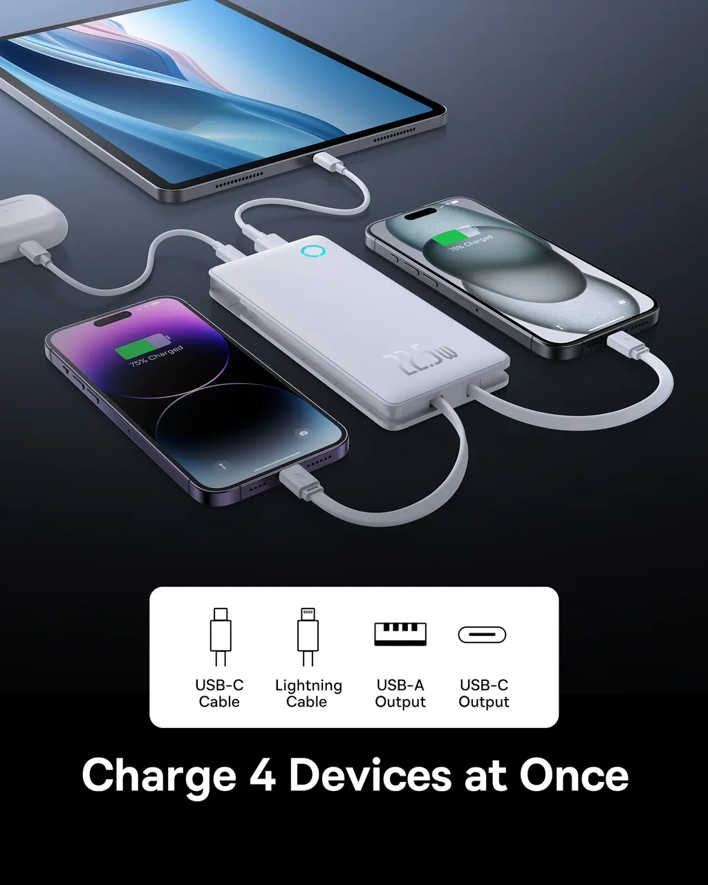 BASEUS AIRPOW LITE POWER BANK 10000MAH 22.5W DUAL CABLE MOON WHITE P10067501213 thumbnail 5