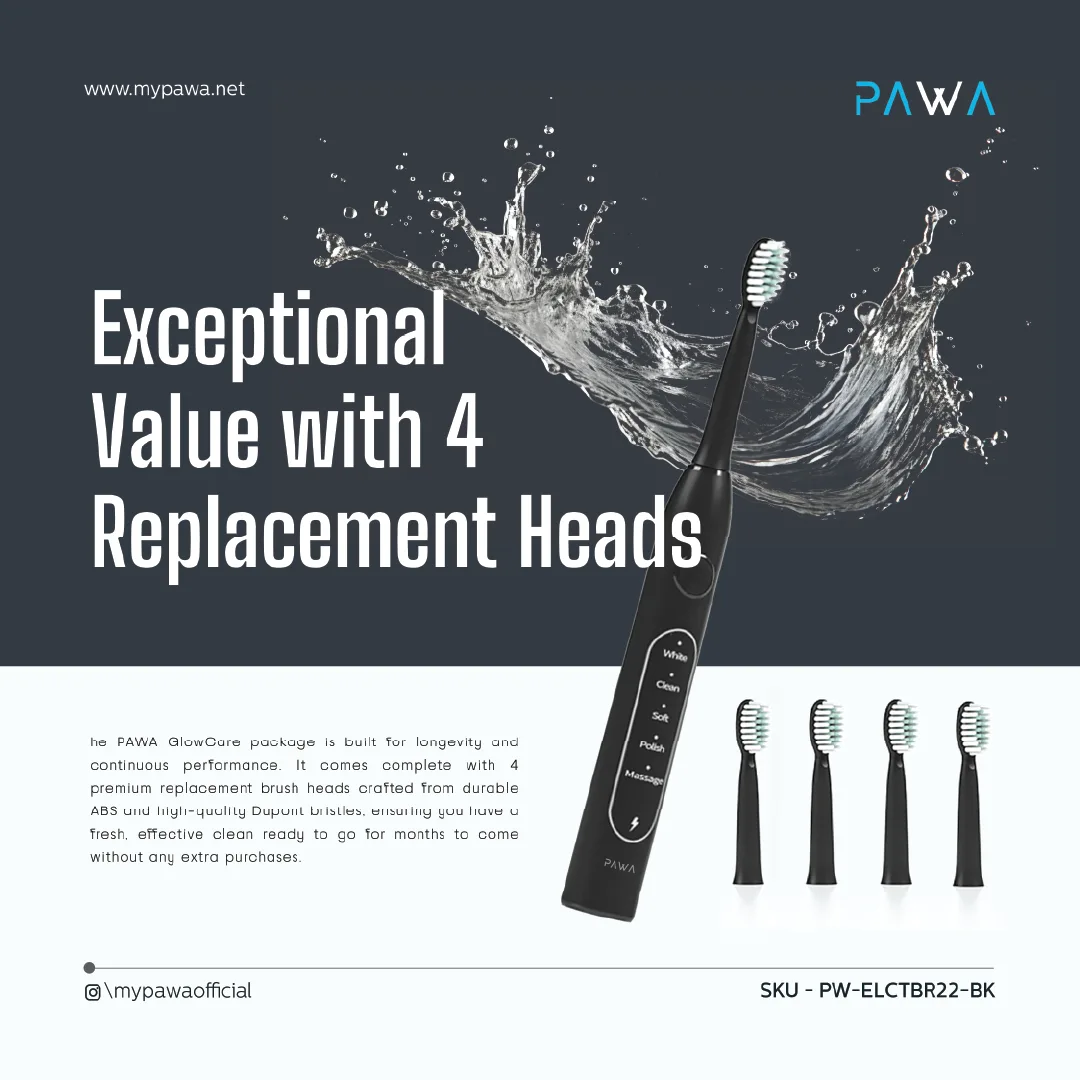 PAWA GLOWCARE ELECTRIC TOOTHBRUSH WITH 4 BRUSH HEADS BLACK PW-ELCTBR22-BK thumbnail 4