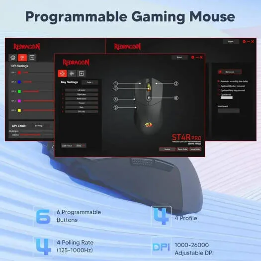 REDRAGON ST4R PRO WIRELESS ULTRA LIGHT WEIGHT ERGONOMIC GAMING MOUSE GREY M917GB-PRO thumbnail 6