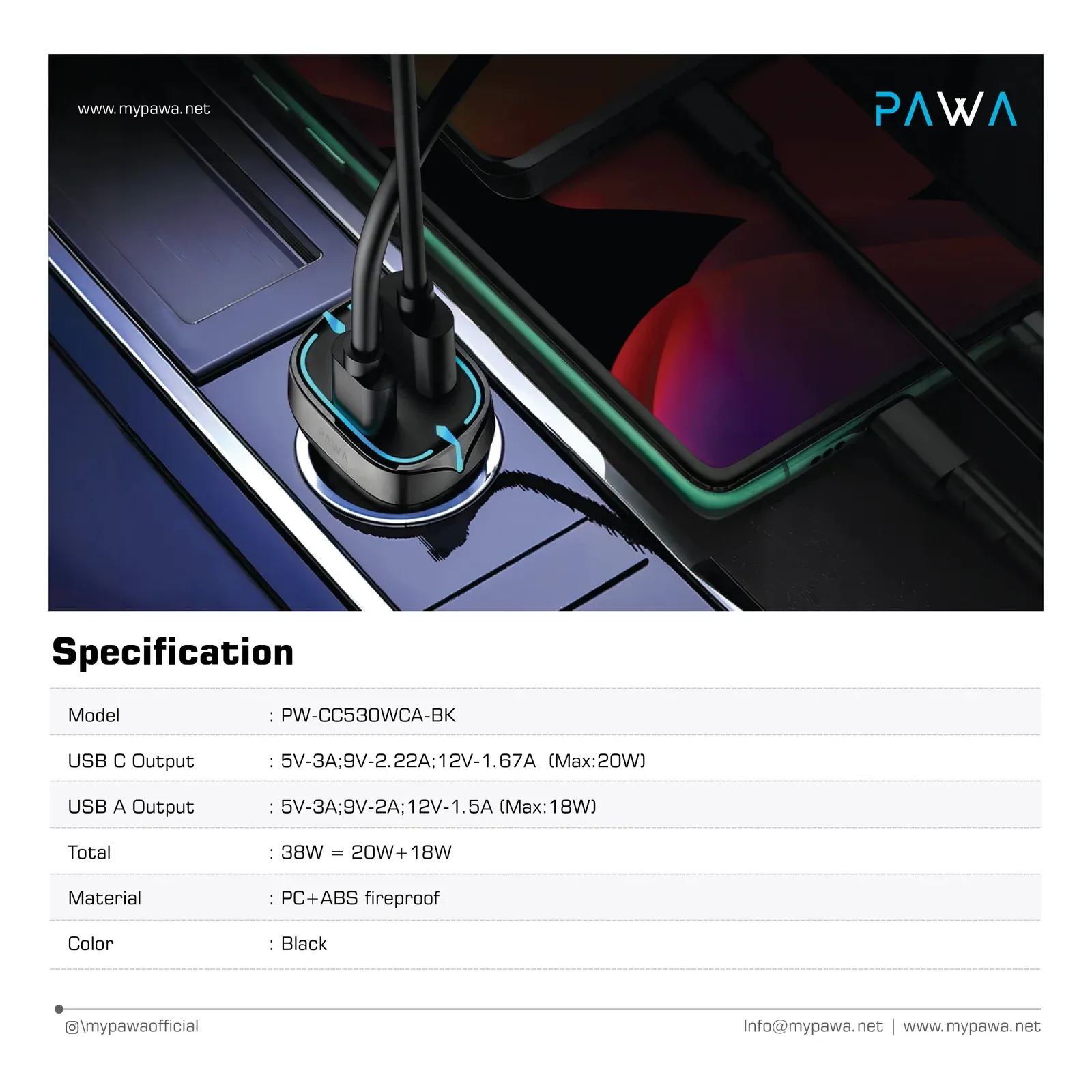 PAWA QUAD PRO DUAL PORT CAR CHARGER 38W BLACK PW-CC530WCA-BK thumbnail 5