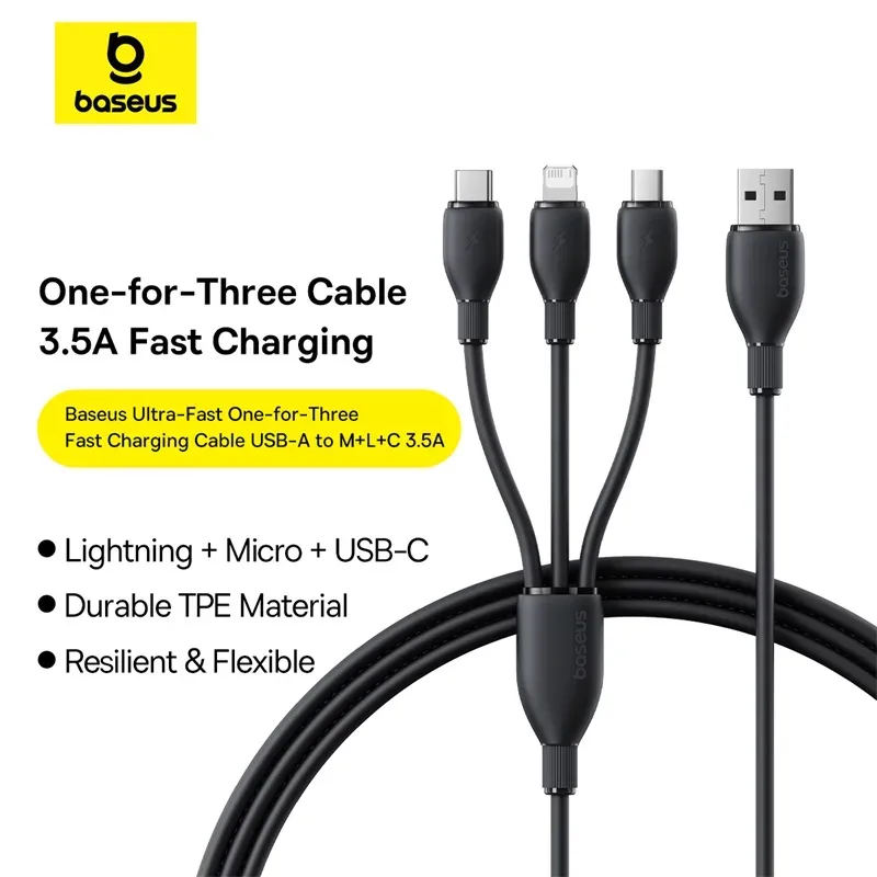 BASEUS ULTRA FAST ONE FOR THREE FAST CHARGING CABLE USB TO M+L+C 3.5A 1.3M BLACK P10376303121 thumbnail 2
