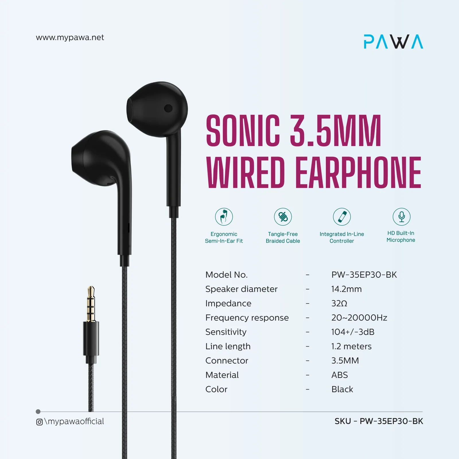 PAWA SONIC 3.5MM WIRED EARPHONE 1.2M BLACK PW-35EP30-BK thumbnail 2