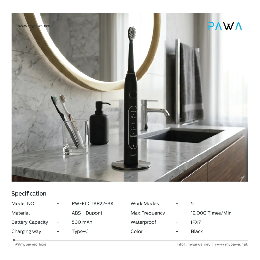 PAWA GLOWCARE ELECTRIC TOOTHBRUSH WITH 4 BRUSH HEADS BLACK PW-ELCTBR22-BK thumbnail 2