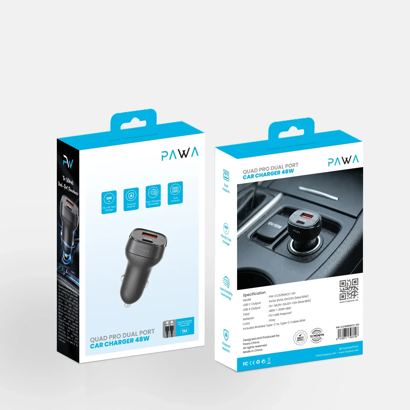 PAWA QUAD PRO DUAL PORT CAR CHARGER 48W WITH BRAIDED USB C TO USB C CABLE GREY PW-CC535WCC-GY thumbnail 4
