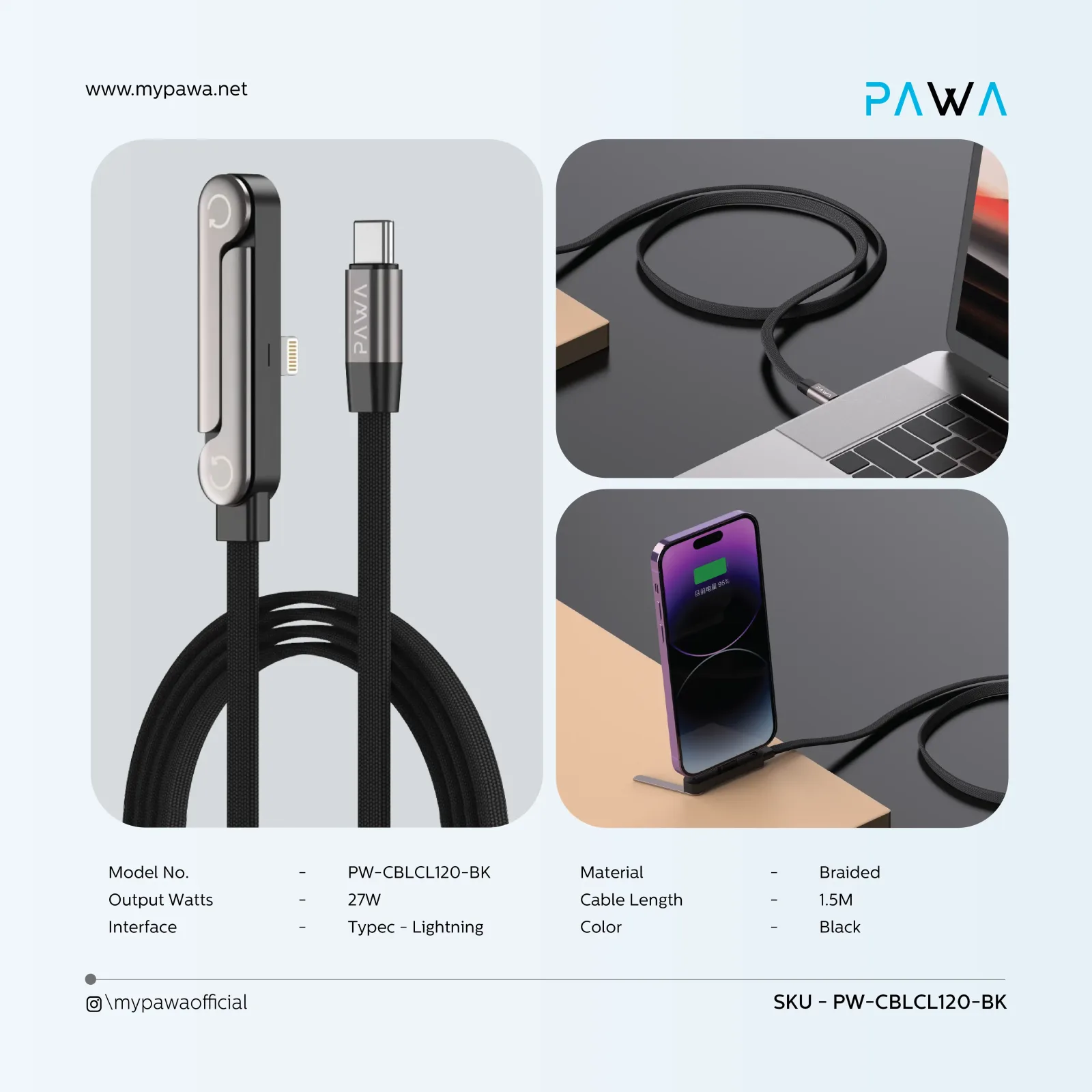 PAWA PIVOT TYPE C TO LIGHTNING HOLDER 1M BRAIDED CABLE 27W BLACK PW-CBLCL120-BK thumbnail 4