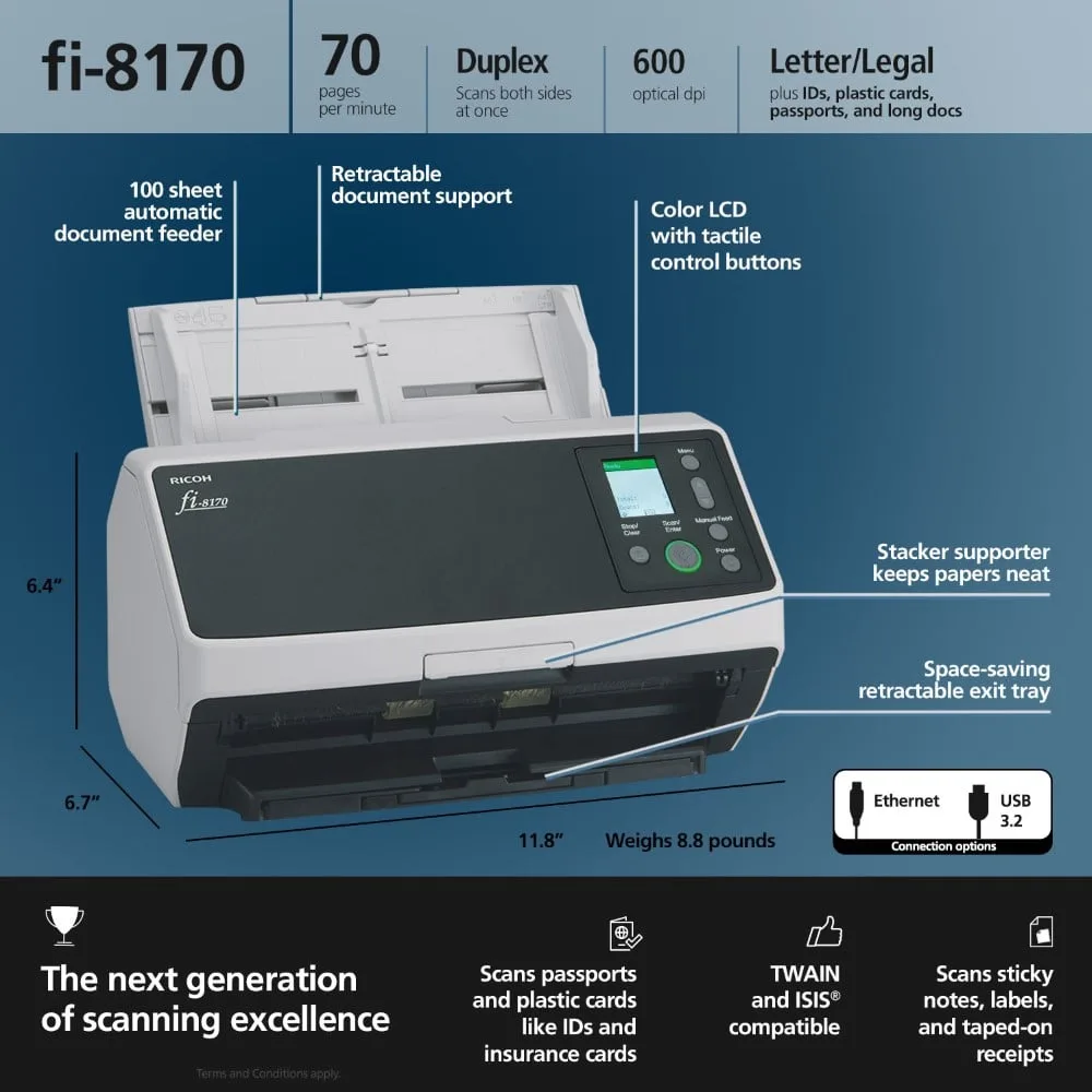 RICOH FI SERIES FI-8170 70PPM140IPM A4 DUPLEX ADF USB3.2 LED WORKGROUP SCANNER PA03810-B051 thumbnail 8