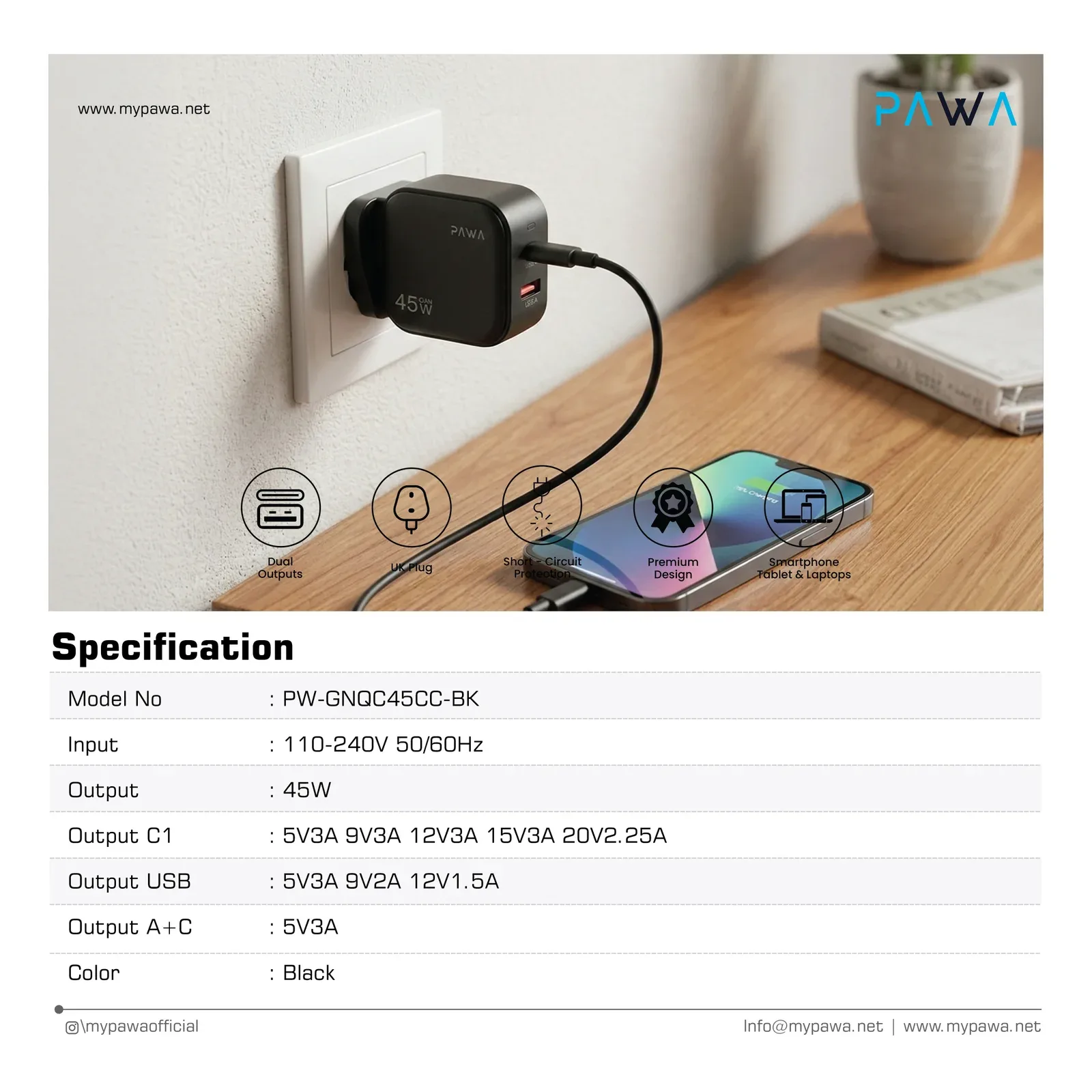 PAWA QUICK GAN 45W WITH PD+ QC PORT WITH BRAIDED USB C TO USB C CABLE BLACK PW-GNQC45CC-BK thumbnail 4