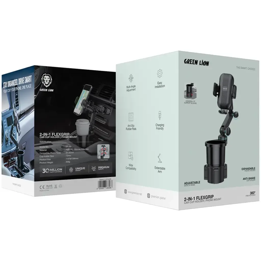 GREEN LION 2 IN 1 FLEXGRIP CAR CUP HOLDER AND PHONE MOUNT BLACK GN2N1CUPHLBK thumbnail 2