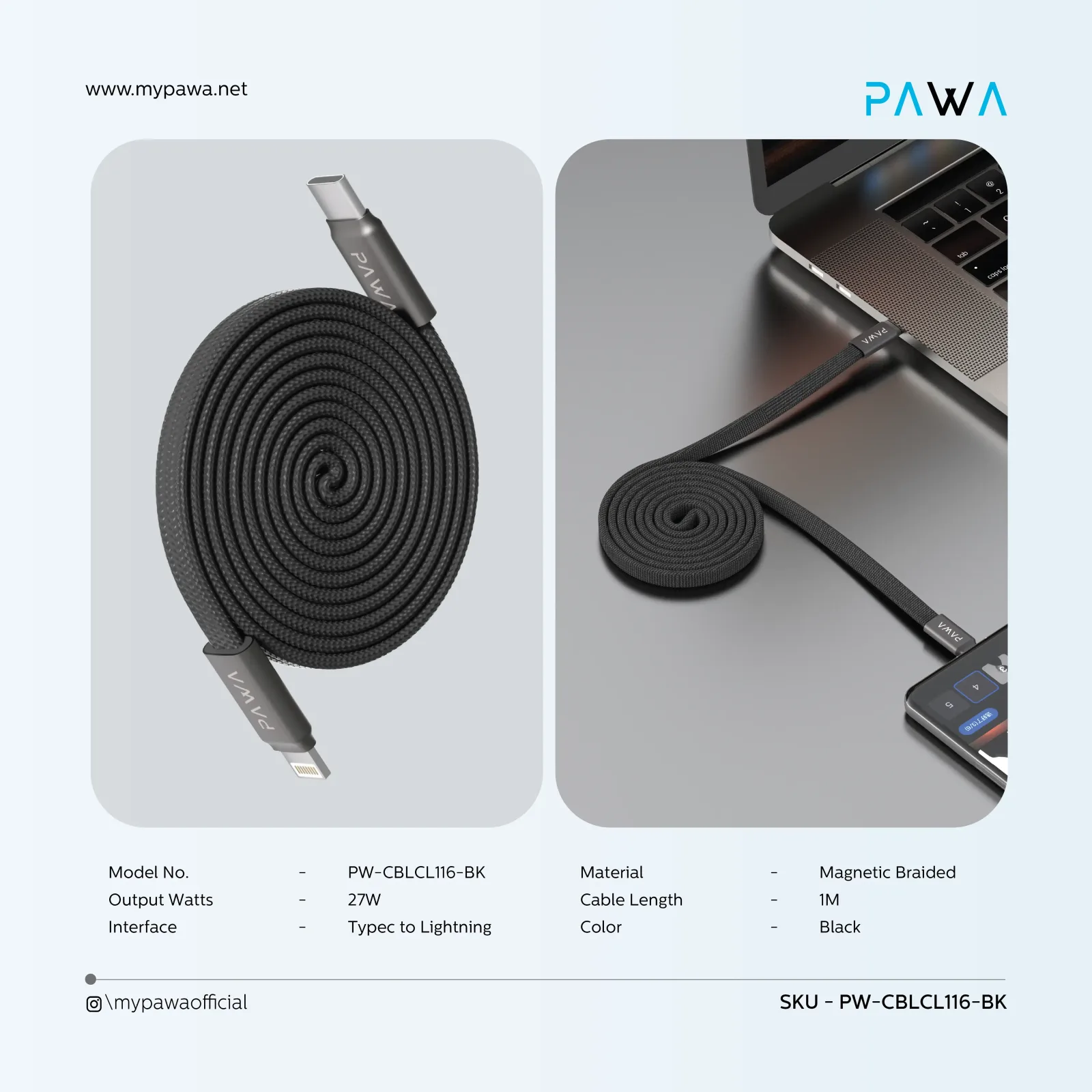 PAWA IGNITESYNC MAGNETIC BRAIDED CABLE TYPE C TO LIGHTNING 27W 1M BLACK PW-CBLCL116-BK thumbnail 2