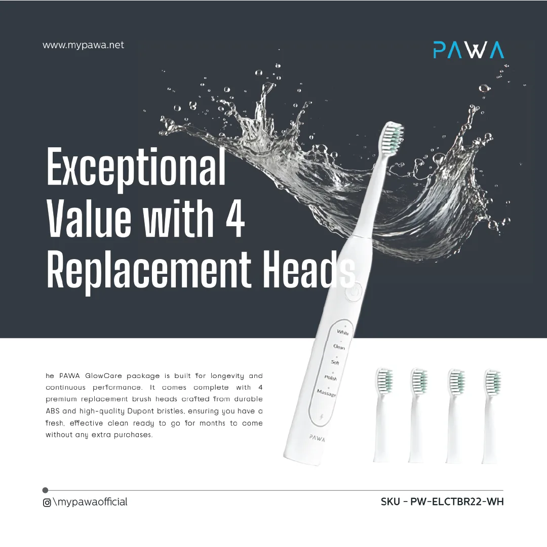 PAWA GLOWCARE ELECTRIC TOOTHBRUSH WITH 4 BRUSH HEADS WHITE PW-ELCTBR22-WH thumbnail 4