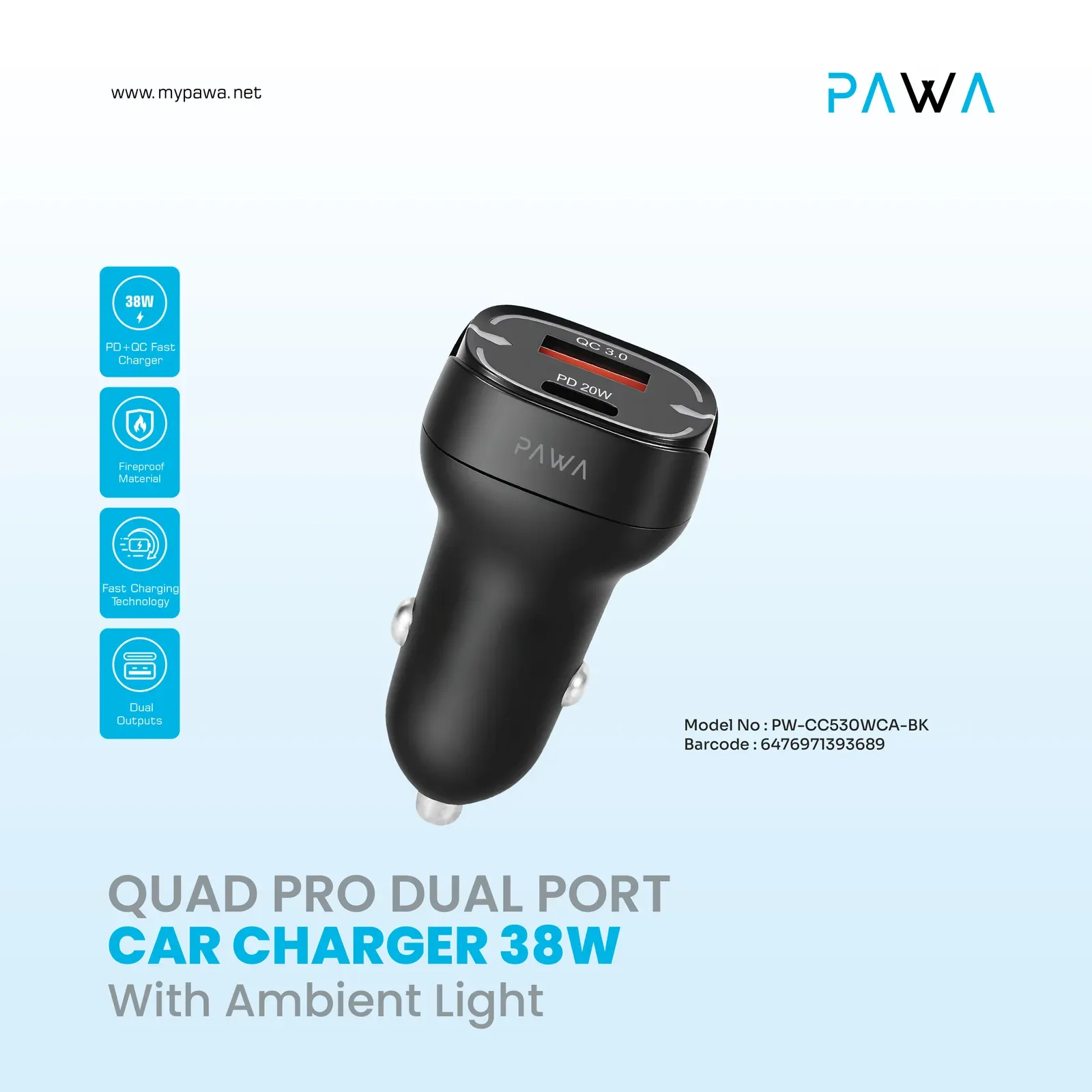 PAWA QUAD PRO DUAL PORT CAR CHARGER 38W BLACK PW-CC530WCA-BK thumbnail 6