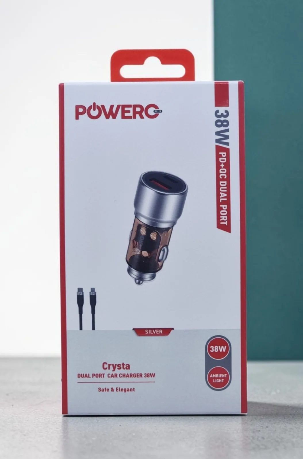 POWERO PLUS CRYSTA PD+QC DUAL PORT CAR CHARGER 38W WITH BRAIDED TYPE C TO LIGHTNING CABLE SILVER PR-CCPD50CL-SL