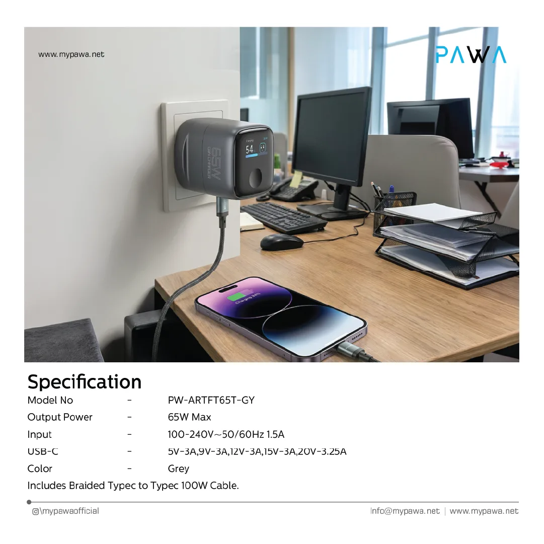 PAWA AURA 65W SINGLE PORT TFT DISPLAY GAN CHARGER INCLUDE BRAIDED TYPE C TO TYPE C CABLE GREY PW-ARTFT65T-GY thumbnail 3