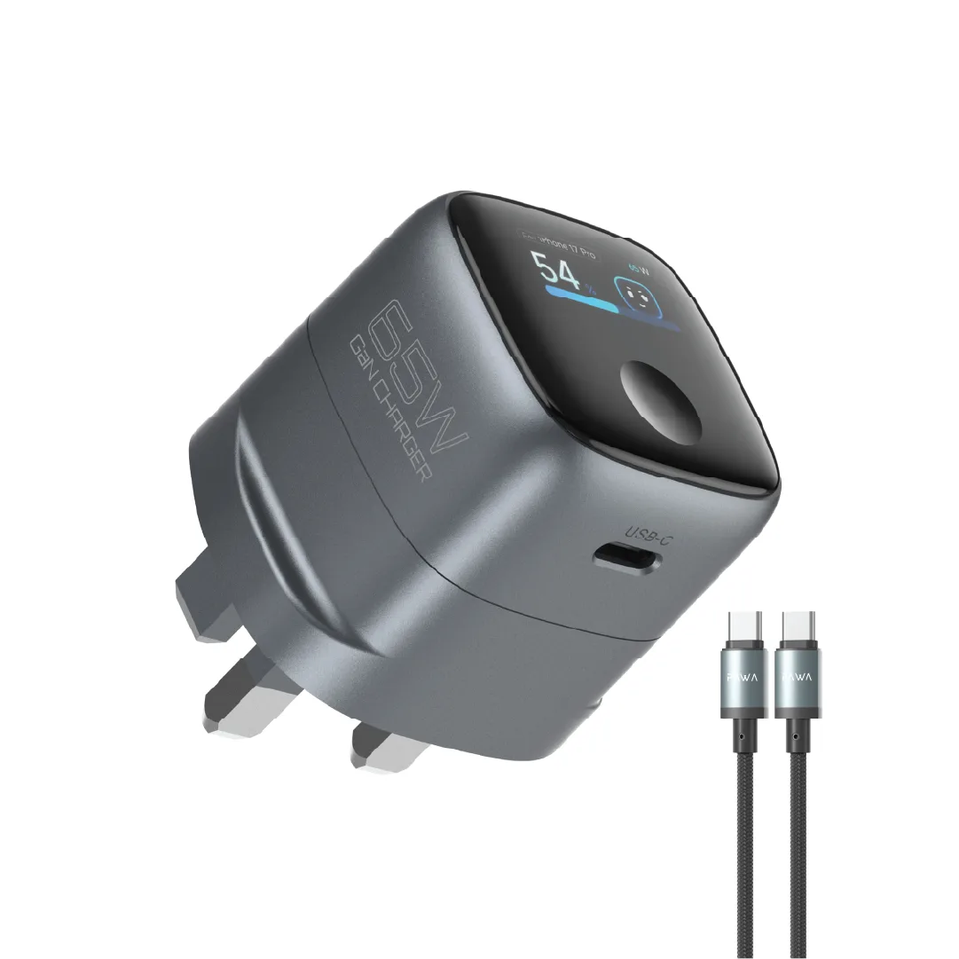 PAWA AURA 65W SINGLE PORT TFT DISPLAY GAN CHARGER INCLUDE BRAIDED TYPE C TO TYPE C CABLE GREY PW-ARTFT65T-GY
