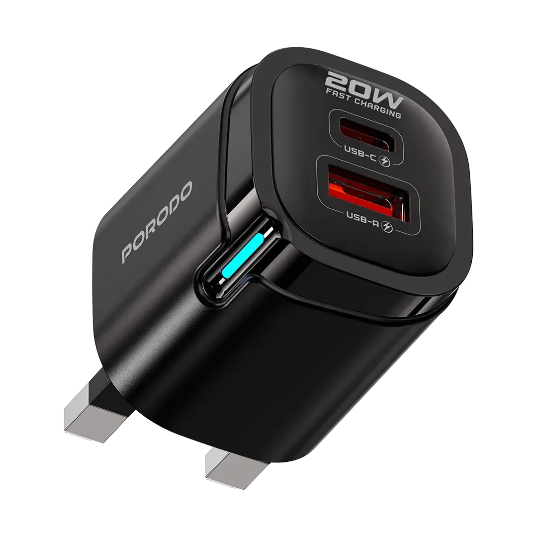 PORODO TEKTO DUAL USB WALL ADAPTER WITH USB A AND USB C PORT PD20W BLACK PDFWCH111BK
