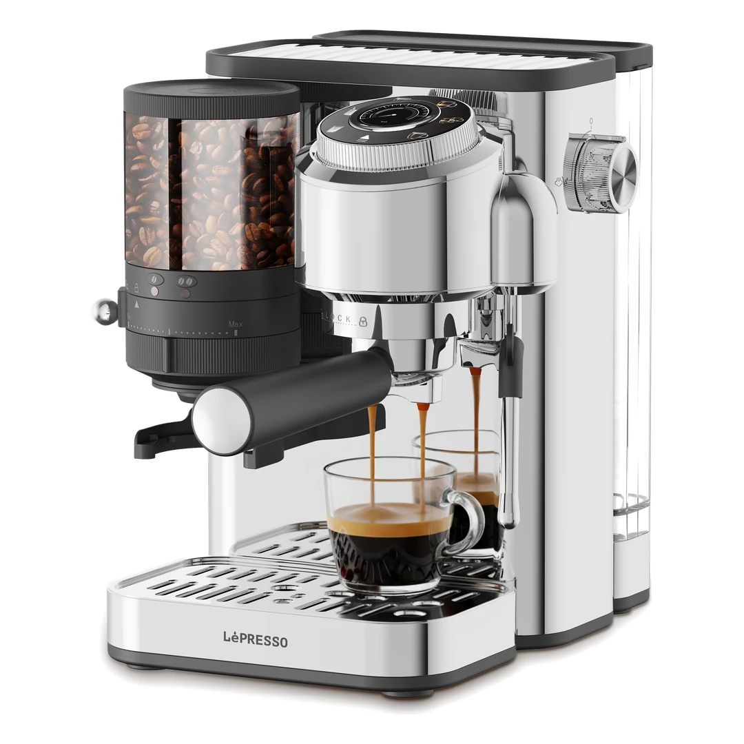 LEPRESSO ILBURRONE 20 BAR ITALIAN PUMP COFFEE MACHINE WITH BEAN GRINDER AND STEAM WAND SILVER LPCFFBP0042SL thumbnail 2