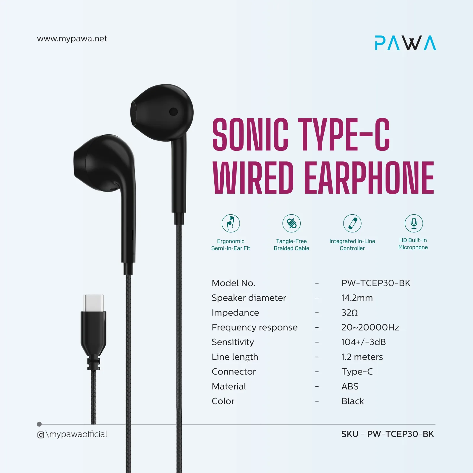 PAWA SONIC TYPE C WIRED EARPHONE BLACK PW-TCEP30-BK thumbnail 3
