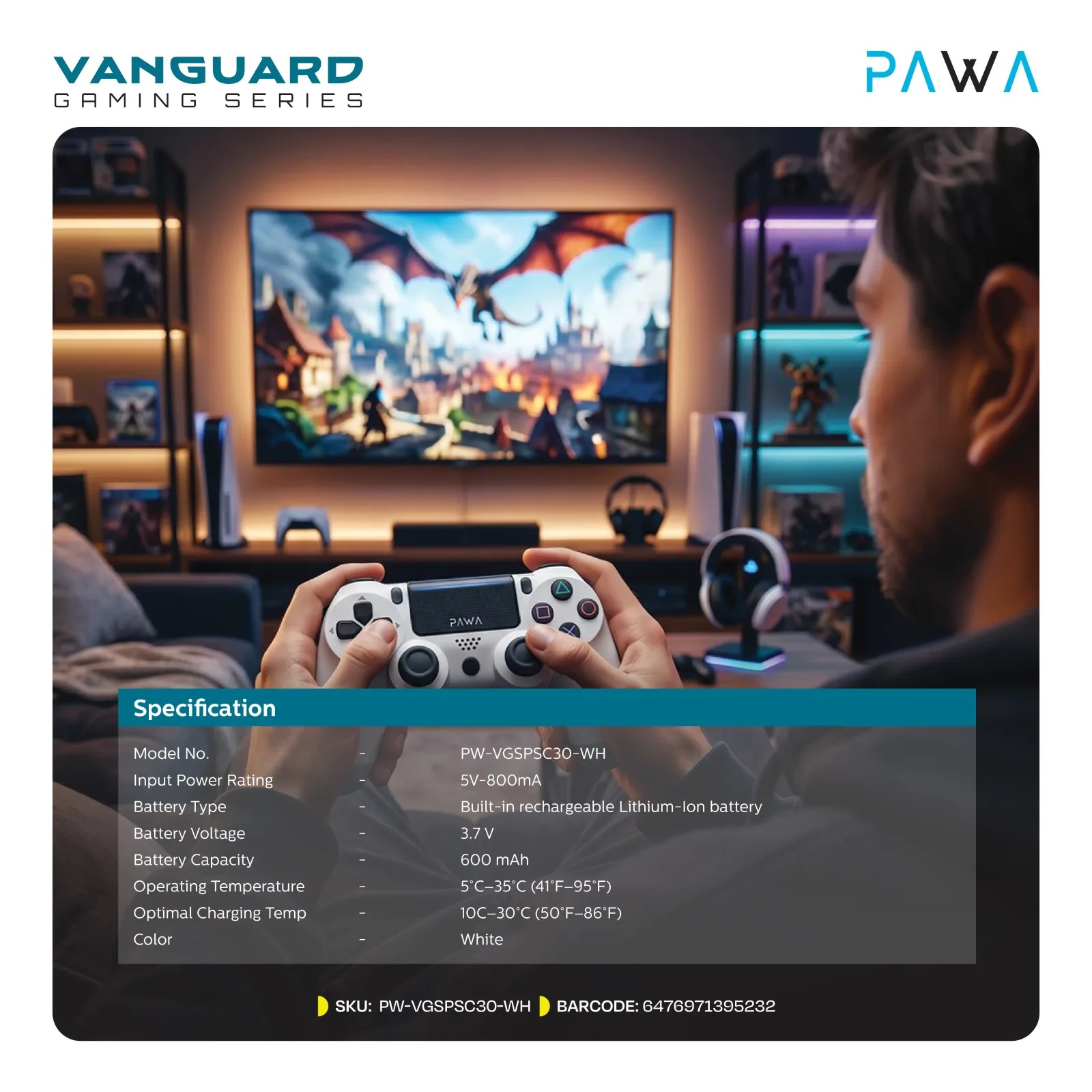 PAWA VANGUARD GAMING SERIES GHOST PS4 WIRELESS CONTROLLER WHITE PW-VGSPSC30-WH thumbnail 2