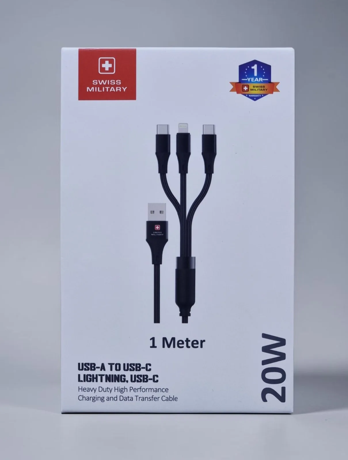 SWISS MILITARY USB A TO USB C LIGHTNING USB-C 20W 1M BLACK SM-CB-2C1L-1M-BLK