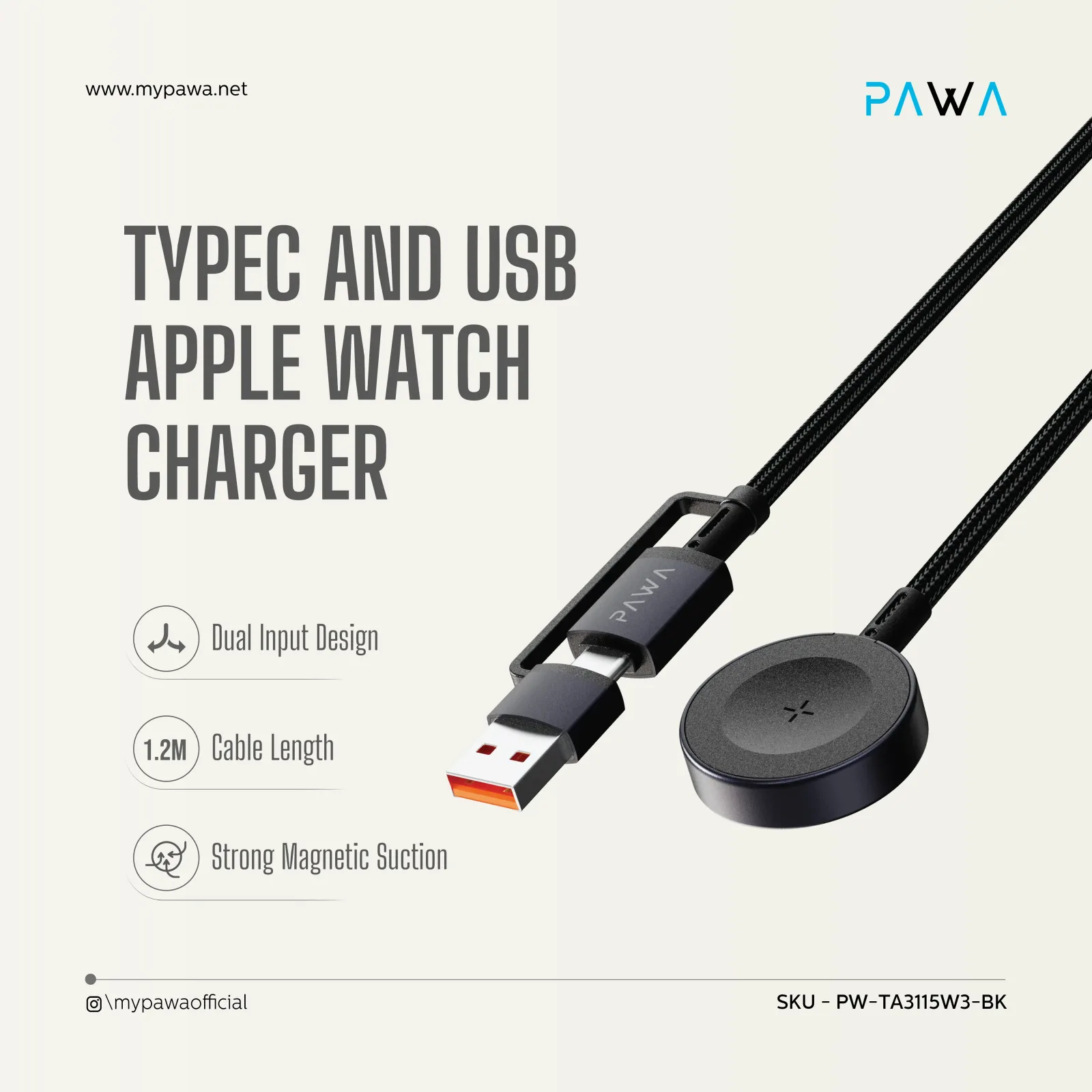 PAWA HYBRID DUAL CONNECTOR APPLE WATCH CHARGER BLACK PW-TA3115W3-BK thumbnail 2