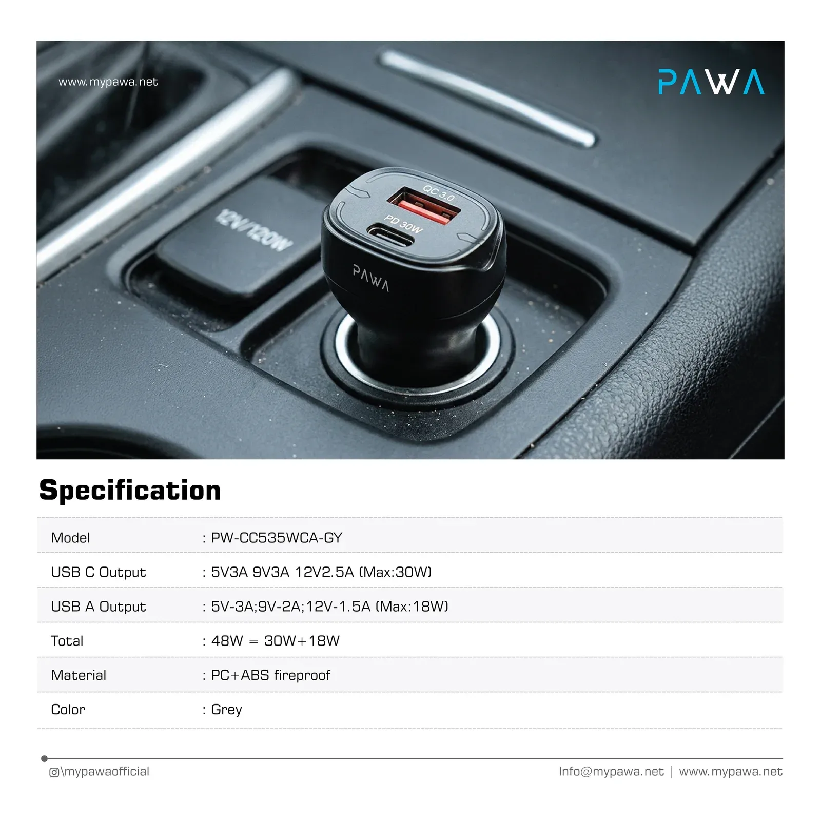 PAWA QUAD PRO DUAL PORT CAR CHARGER 48W GREY PW-CC535WCA-GY thumbnail 5