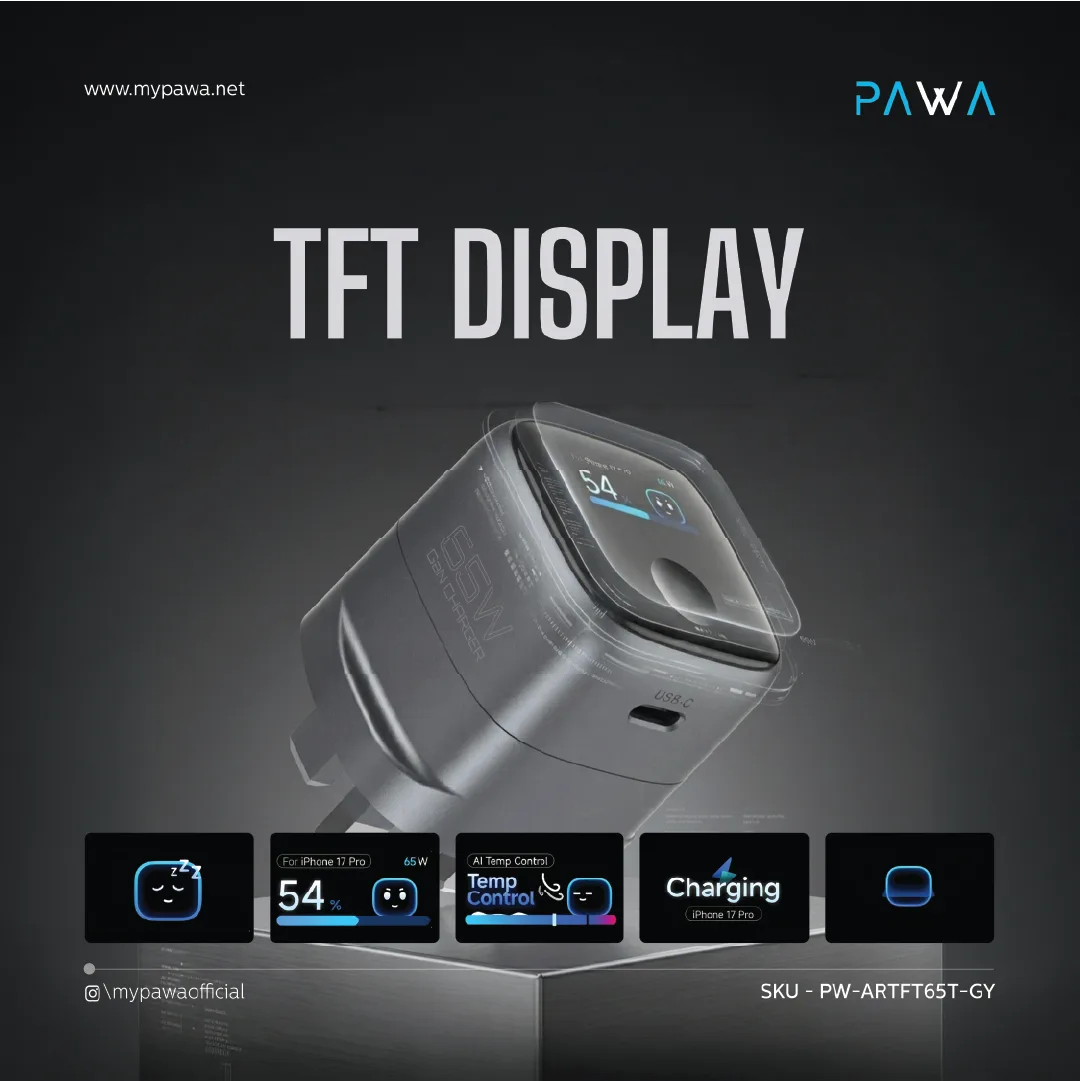 PAWA AURA 65W SINGLE PORT TFT DISPLAY GAN CHARGER INCLUDE BRAIDED TYPE C TO TYPE C CABLE GREY PW-ARTFT65T-GY thumbnail 5
