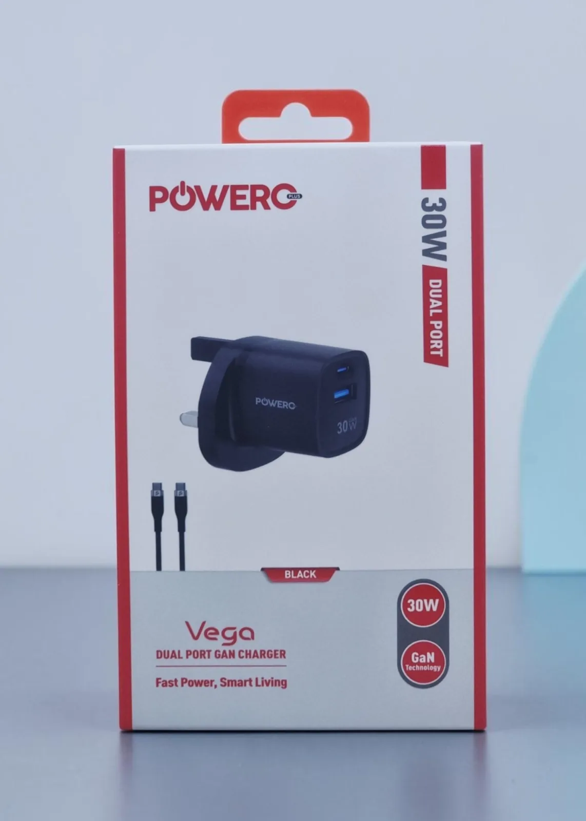 POWERO PLUS VEGA DUAL PORT GAN CHARGER 30W WITH TYPE C TO TYPE C CABLE BLACK PR-GN30UKT-BK