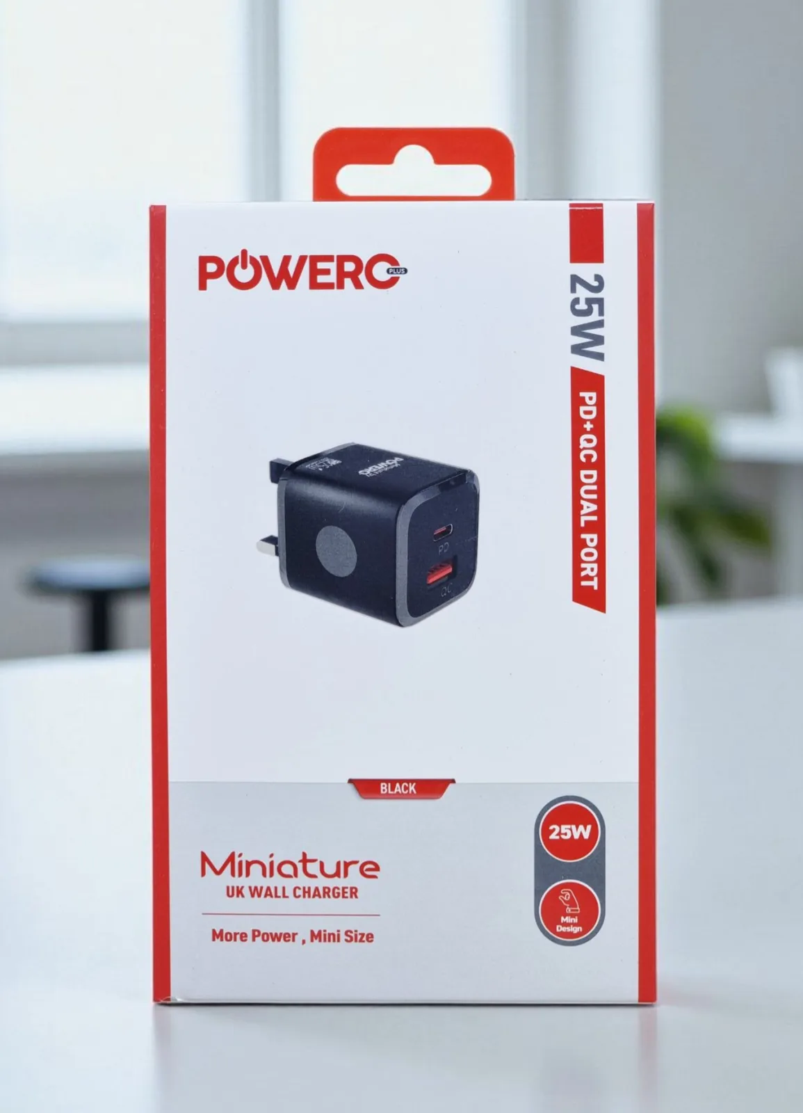 POWERO PLUS MINIATURE UK WALL CHARGER 25W PD+QC DUAL PORT BLACK PR-TCUK26-BK