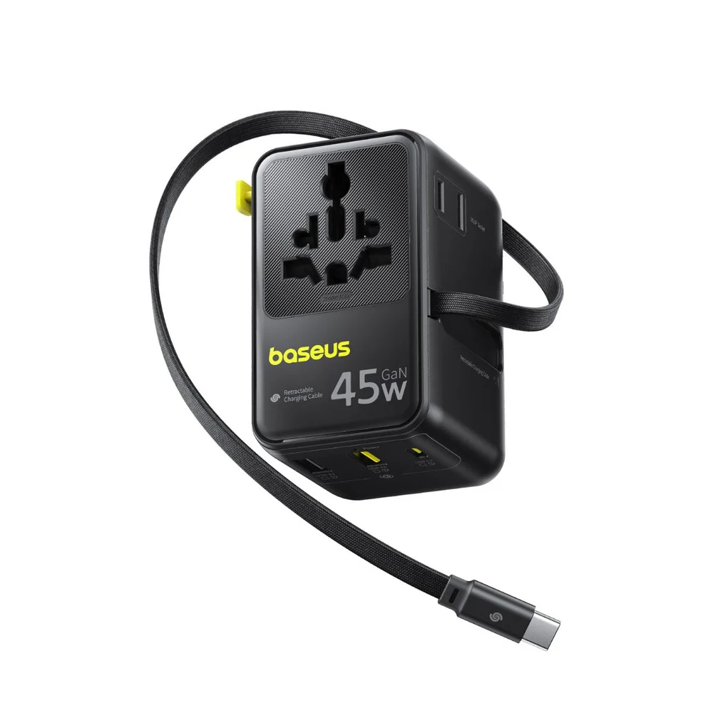 BASEUS PICOGO AG11 UNIVERSAL TRAVEL ADAPTER WITH RETRACTABLE CABLE 2AC+2U+2C 45W COSMIC BLACK E0307F00