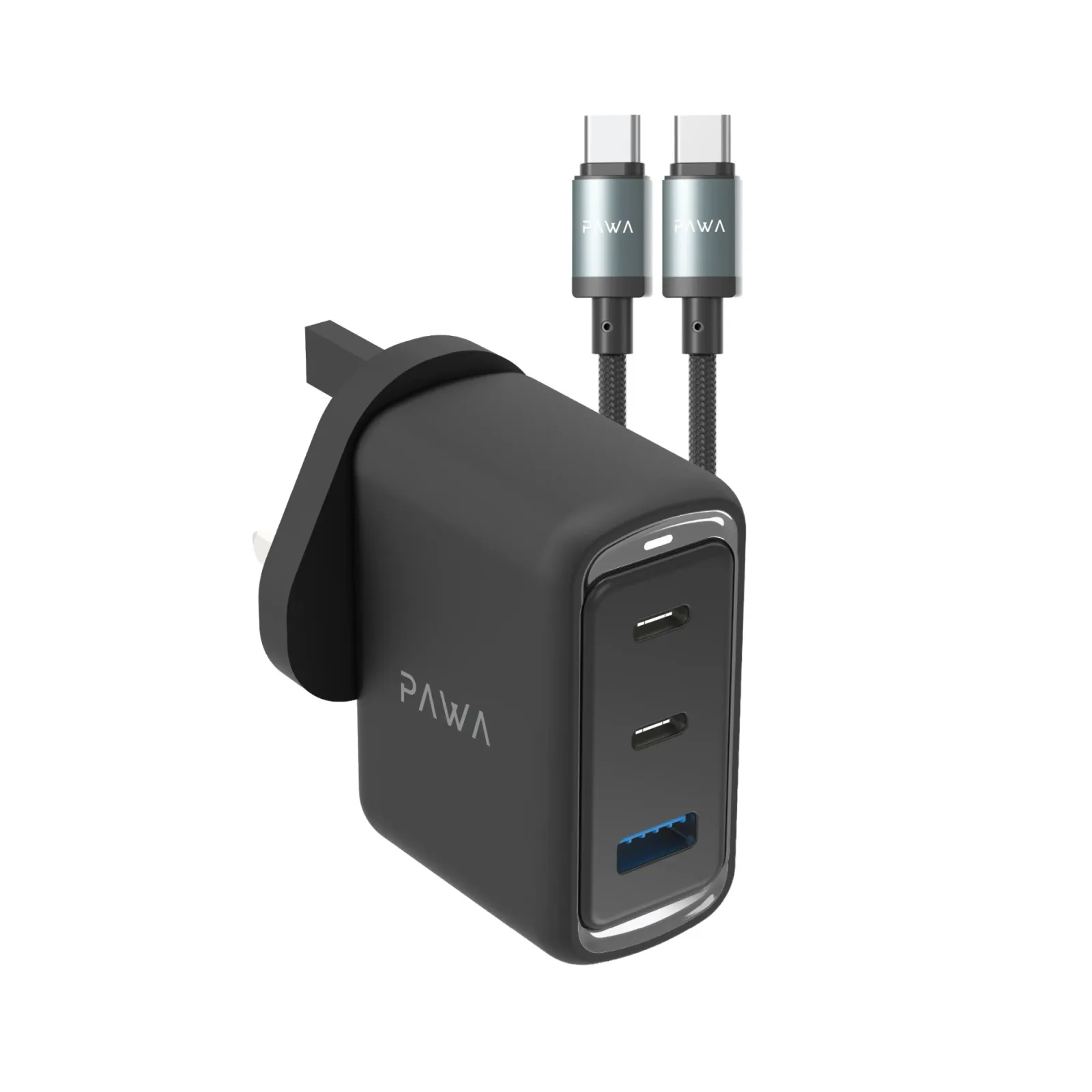PAWA VECTOR TRIPLE PORT GAN CHARGER WITH TYPE C TO TYPE C CABLE 1M BLACK PW-TCVR70UT-BK