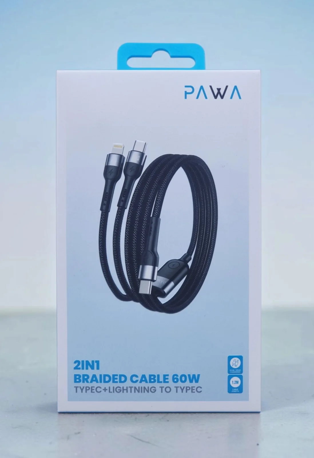 PAWA 2 IN 1TYPE C+LIGHTNING TO TYPE C 60W 1.2M BRAIDED CABLE BLACK PW-CBLCL112-BK