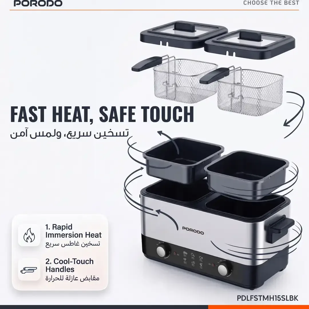 PORODO LIFESTYLE DUAL CRISPO SINGLE DUAL BASKET ELECTRIC DEEP FRYER 2X1.5L SILVER-BLACK PDLFSTMH15SLBK thumbnail 5