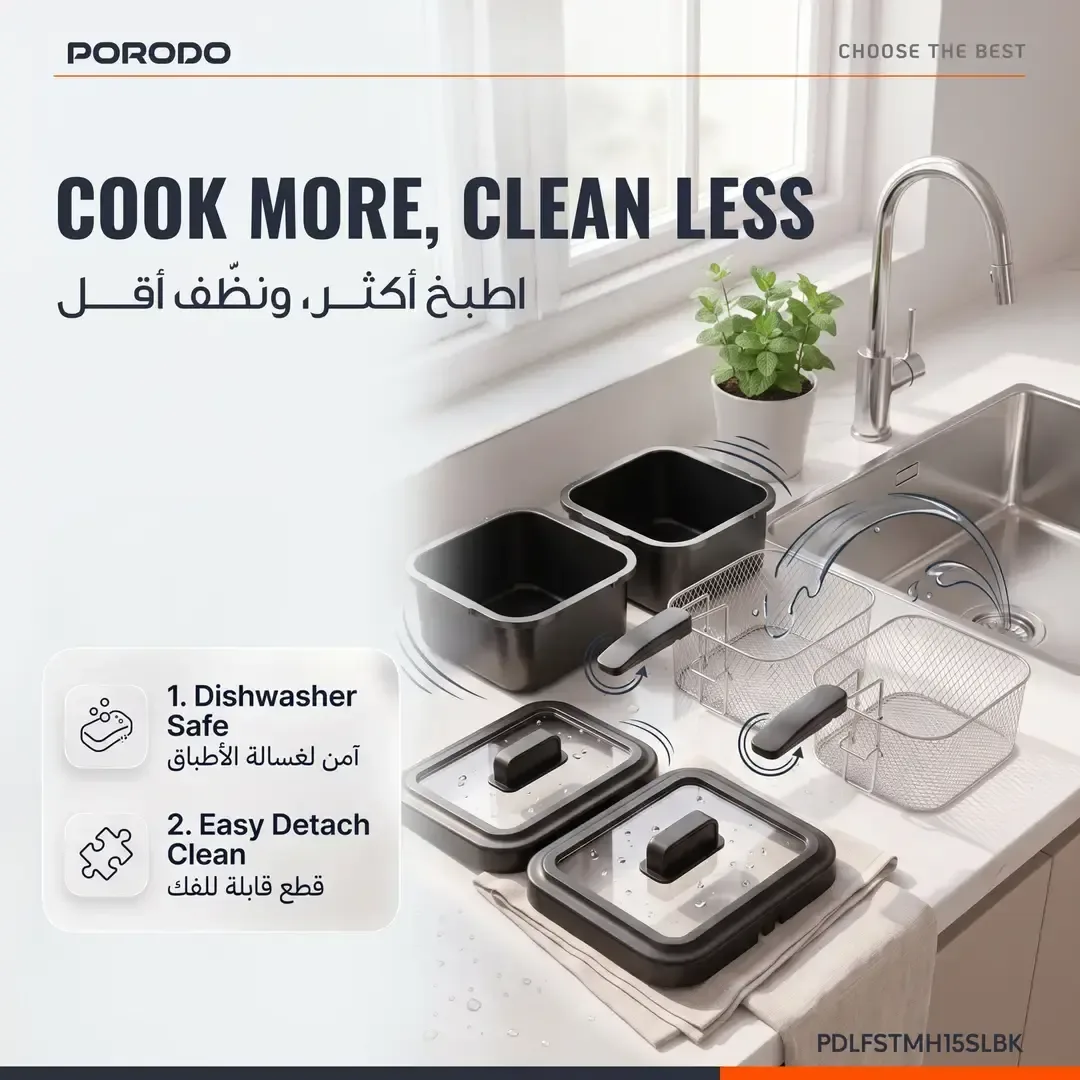 PORODO LIFESTYLE DUAL CRISPO SINGLE DUAL BASKET ELECTRIC DEEP FRYER 2X1.5L SILVER-BLACK PDLFSTMH15SLBK thumbnail 4