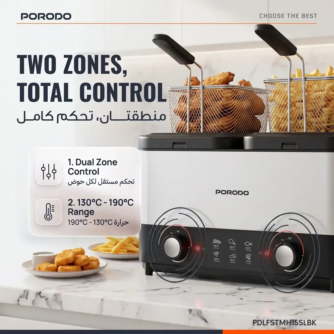 PORODO LIFESTYLE DUAL CRISPO SINGLE DUAL BASKET ELECTRIC DEEP FRYER 2X1.5L SILVER-BLACK PDLFSTMH15SLBK thumbnail 2