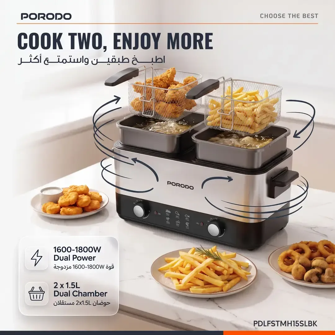 PORODO LIFESTYLE DUAL CRISPO SINGLE DUAL BASKET ELECTRIC DEEP FRYER 2X1.5L SILVER-BLACK PDLFSTMH15SLBK thumbnail 3