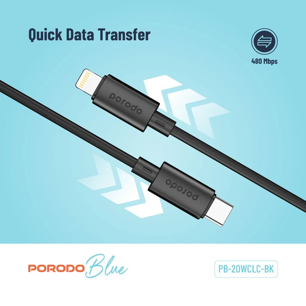 PORODO BLUE USB C TO LIGHTNING FAST CHARGE & DATA 27W PD CABLE  4 FT 1.2M BLACK PB-20WCLC-BK thumbnail 5