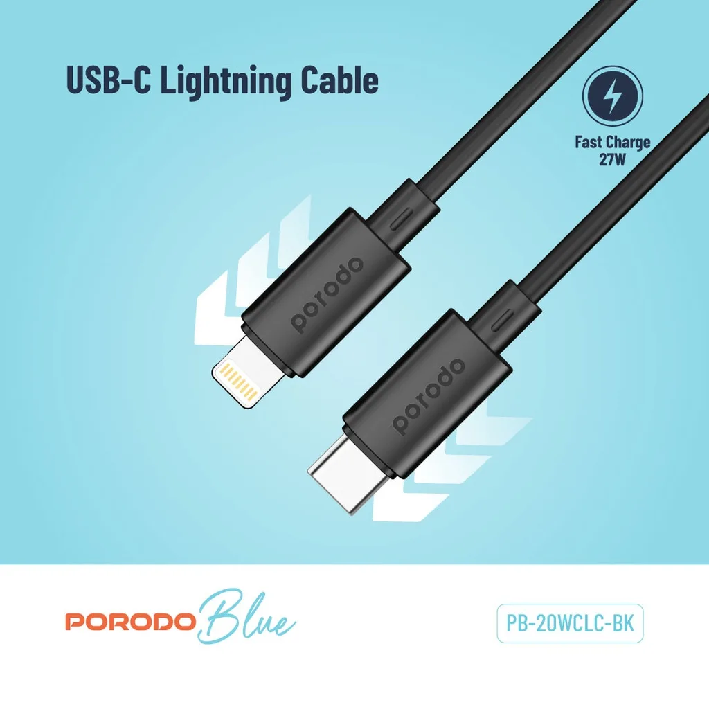PORODO BLUE USB C TO LIGHTNING FAST CHARGE & DATA 27W PD CABLE  4 FT 1.2M BLACK PB-20WCLC-BK thumbnail 4